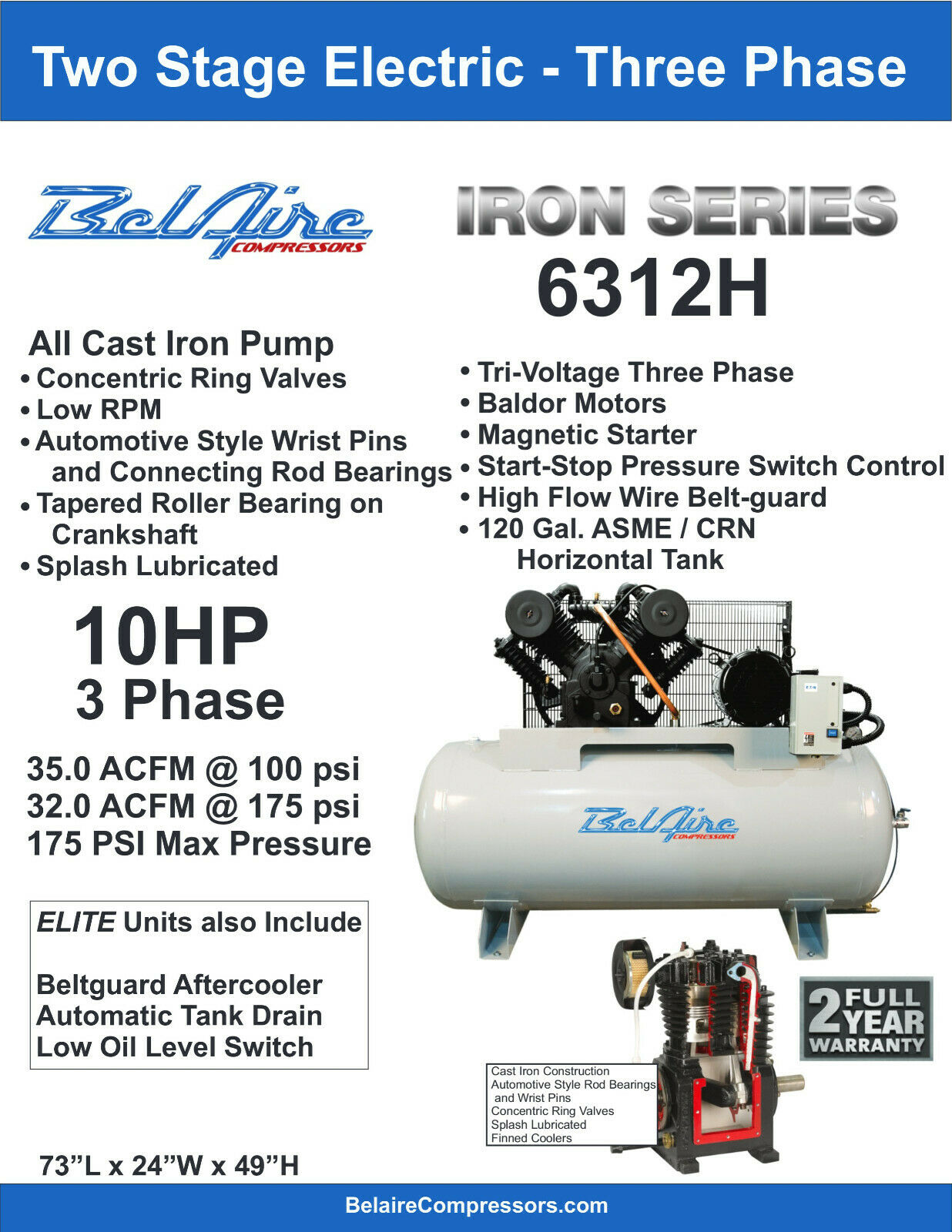 Belaire 10HP 2 Stage 230V 3Phase 120Gallon Horizontal Air Compressor 2020041724 Model 6312H