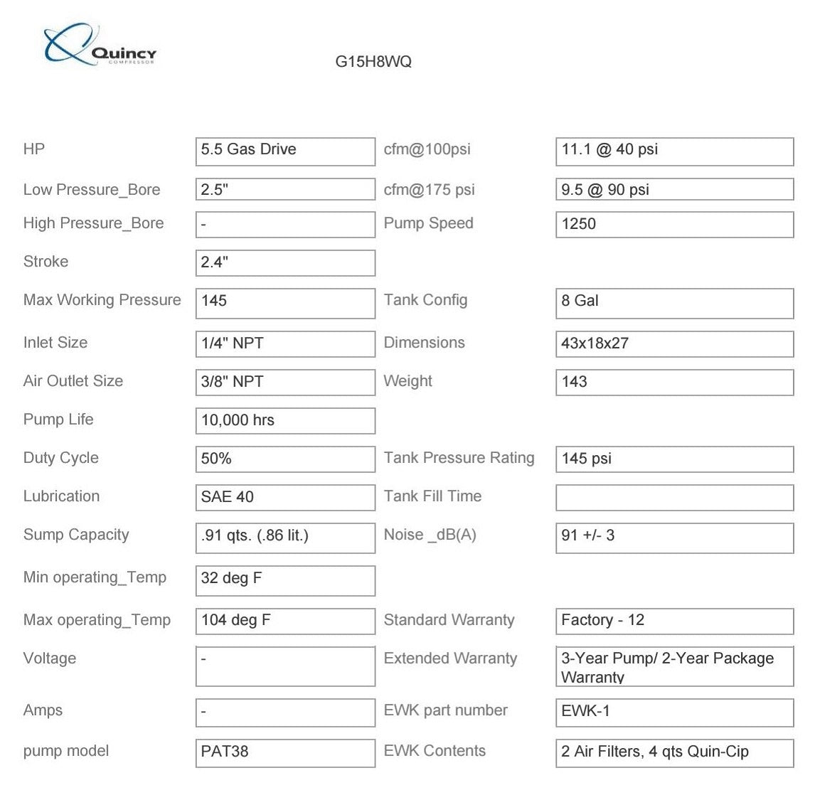 Quincy G15H8WQ 5.5HP 8Gallon 1Stage Honda Gas Powered Wheelbarrow Air Compressor