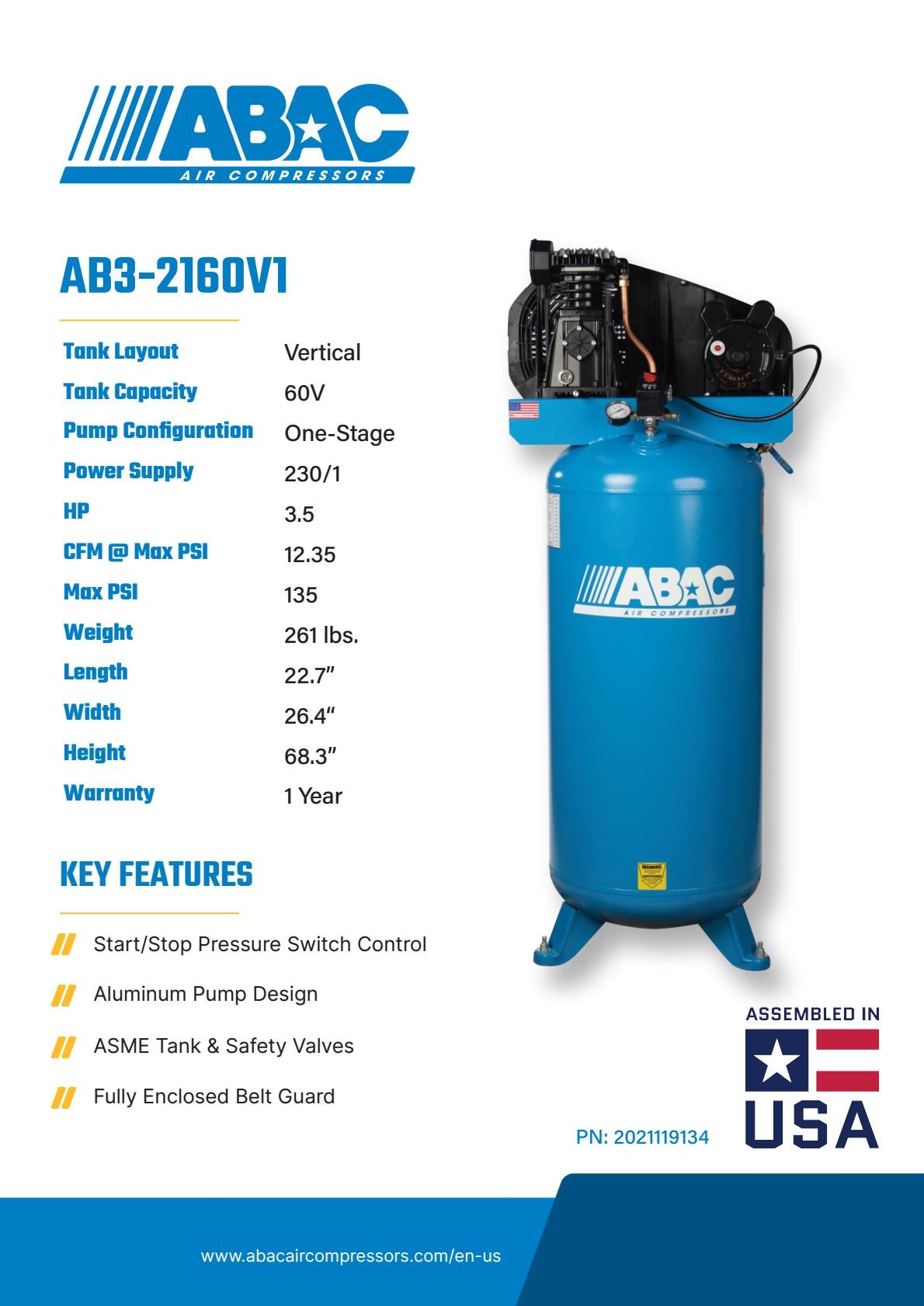 ABAC AB3-2160V1 3.5Hp 1 Stage 230V 1PH 60 Gallon Vertical Air Compressor 12.35CFM at 135PSI Max