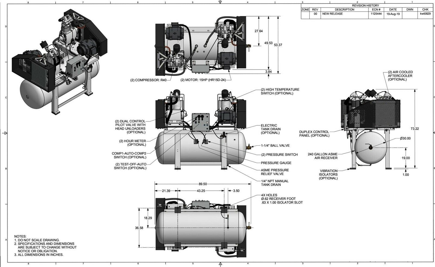 Champion HR15D-24 R-Series 30Hp 240 Gallon 460V 3phase Duplex Air Compressor NEW