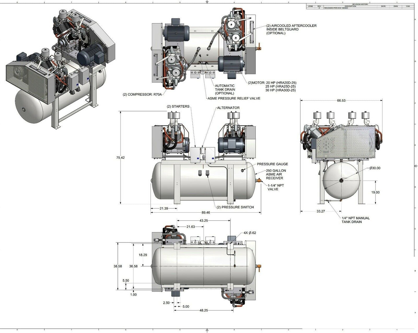 Champion HR25D-24 R-Series 50Hp 240Gal 208/230V 3PH 181CFM Duplex Air Compressor