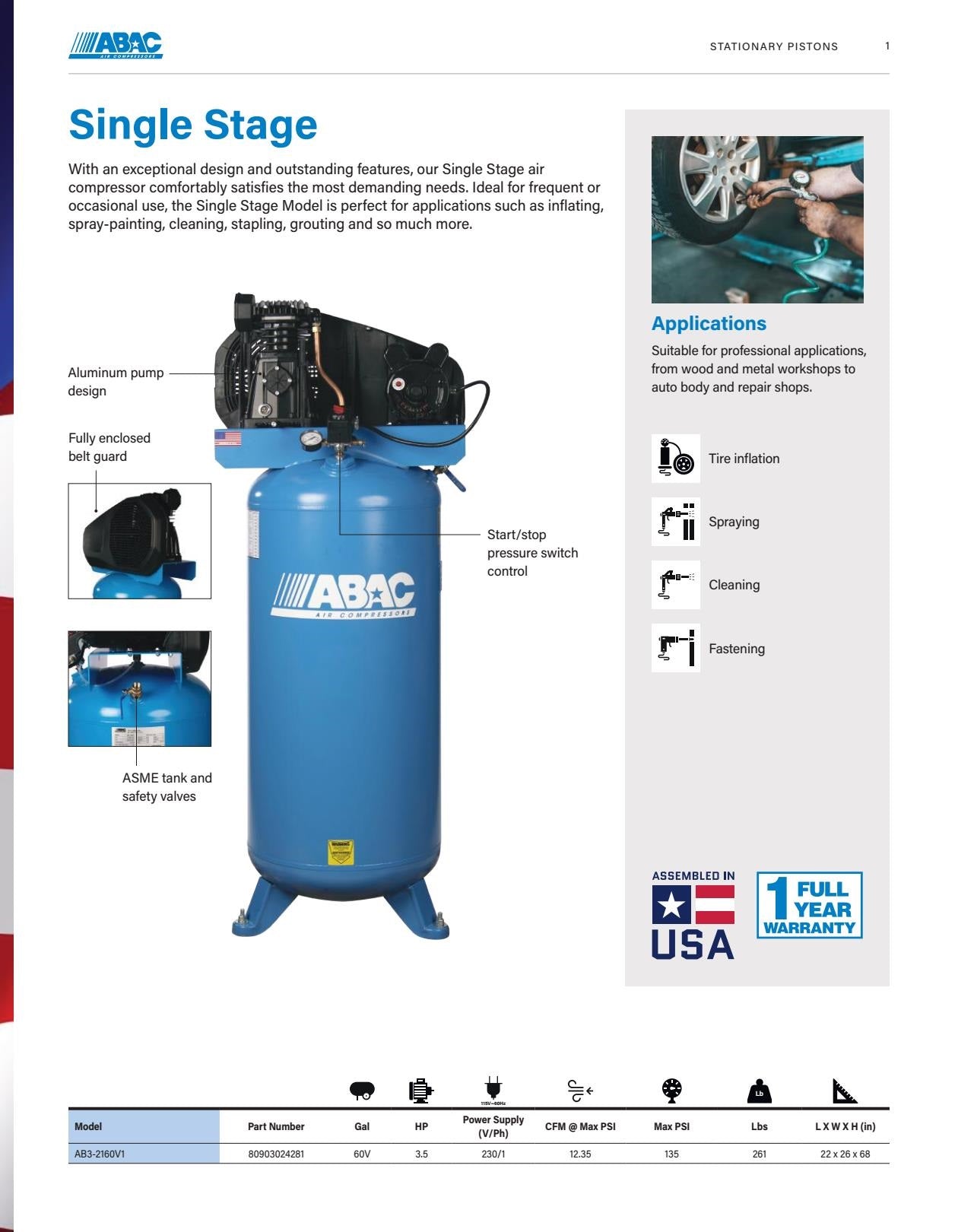 ABAC AB3-2160V1 3.5Hp 1 Stage 230V 1PH 60 Gallon Vertical Air Compressor 12.35CFM at 135PSI Max
