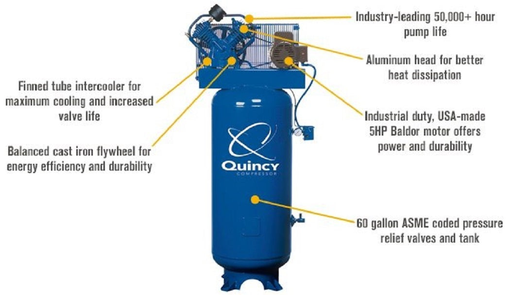 Quincy 2V41C60VC QT-54  5Hp 2 Stage 230V Single Phase 60 Gallon Vertical Splash Lubricated Reciprocating Air Compressor 15.2CFM at 175PSI Max
